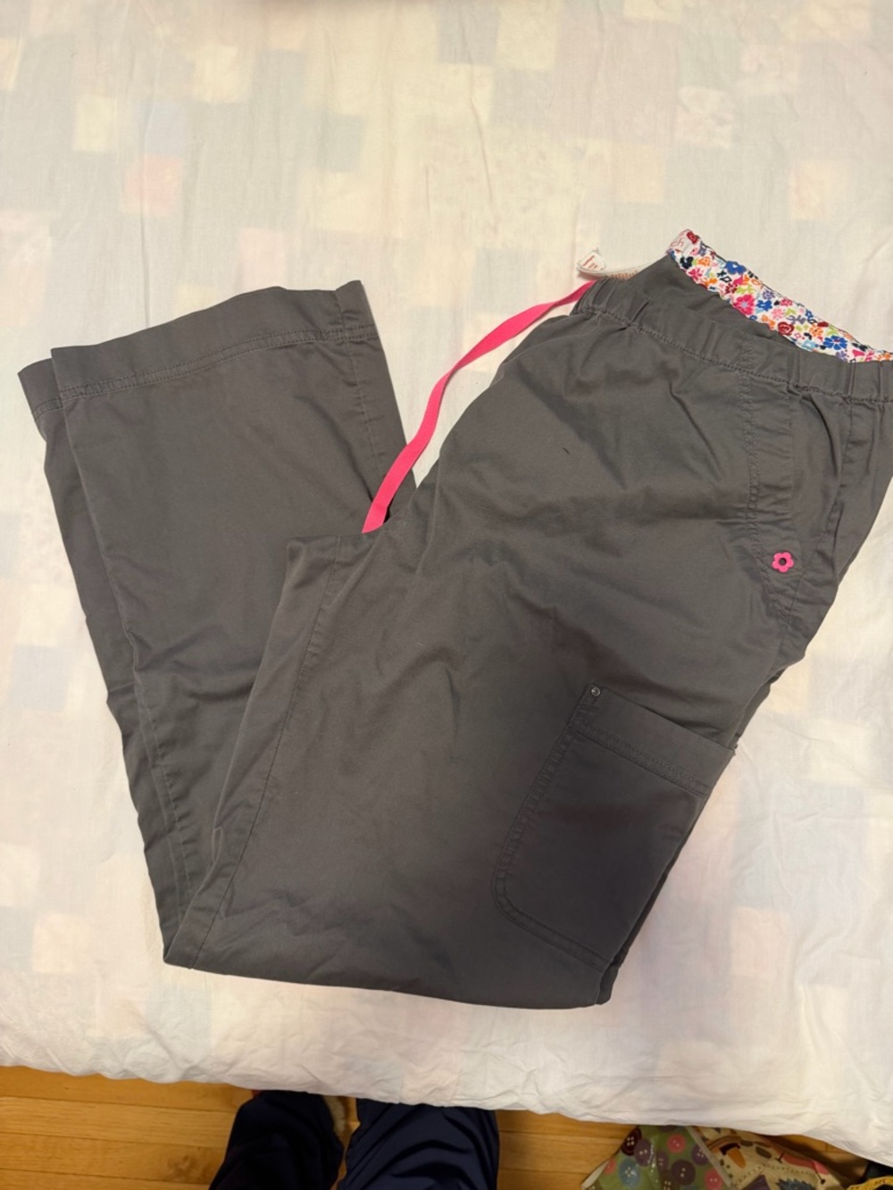 koi Dark Gray Scrub Pants with Pink Drawstring and Floral Waistband